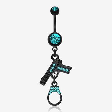 Blackline Handgun & Cuff Sparkle Belly Ring-Teal